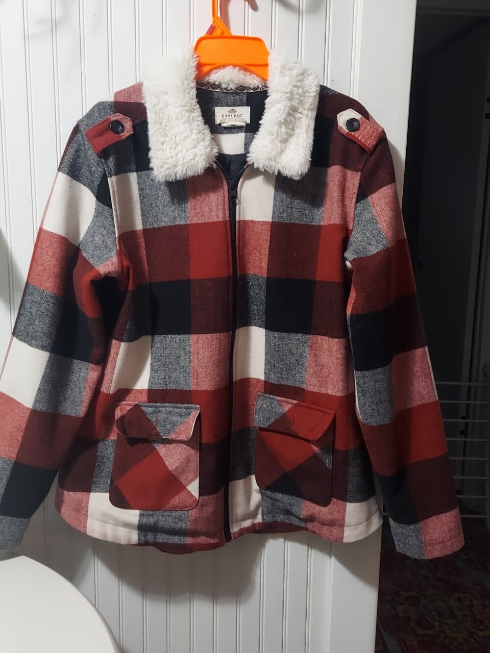 Shyanne Red Black Plaid Teddy-Collar Jacket